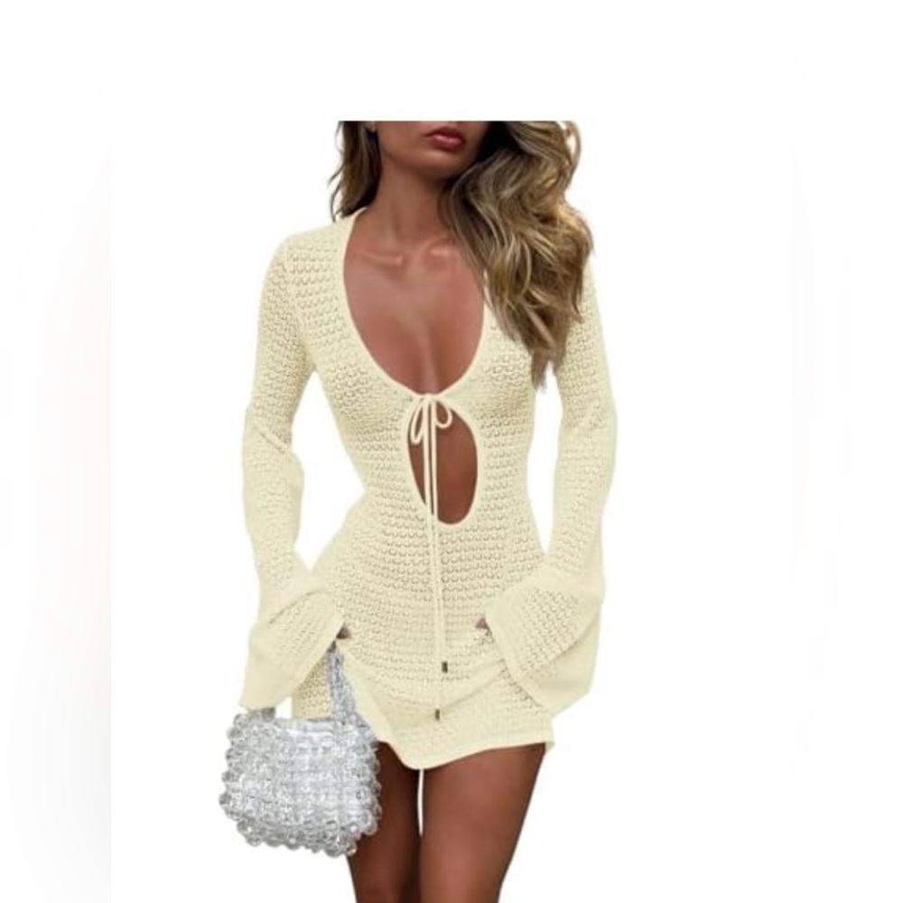 Womens Crochet Swimsuit Cover Up Long Bell Sleeve V Neck Tie Mesh Knit